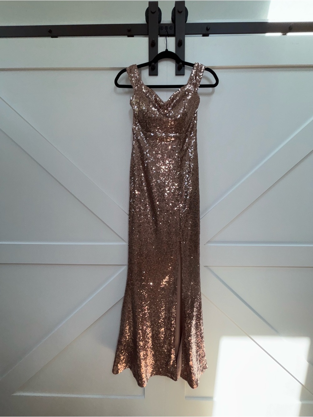 Morgan & Co. Rose Gold Sequin V-Neck Evening Long Gown
